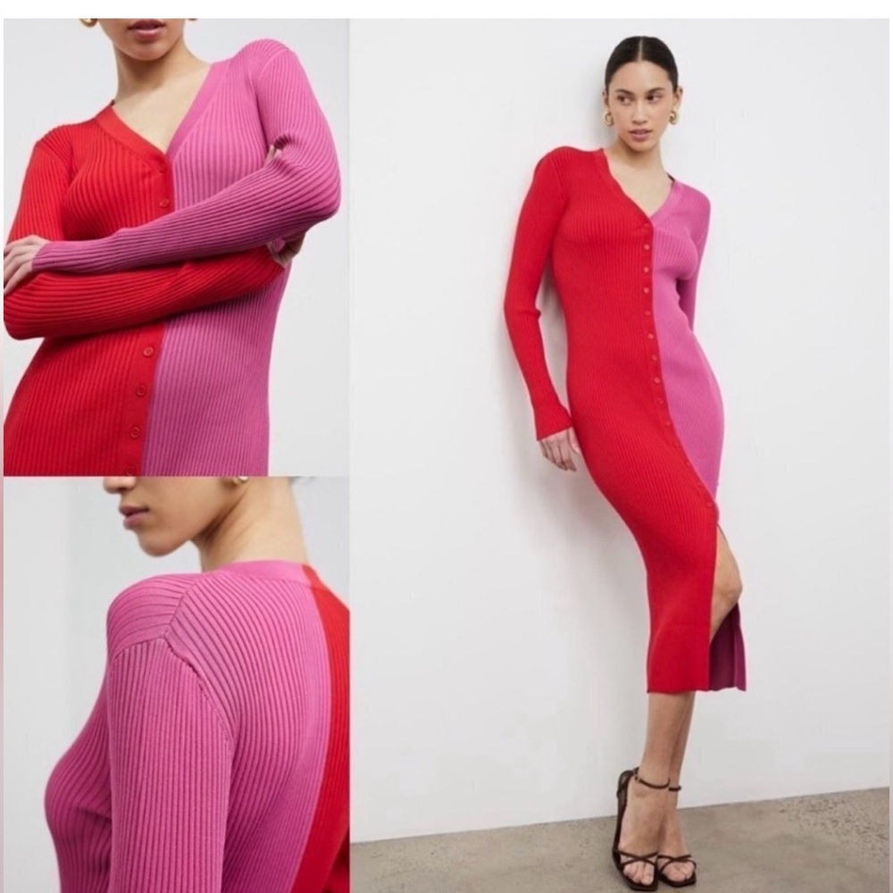 Two-Tone Red & Pink Ribbed Button-Front Long Sleeve Dress